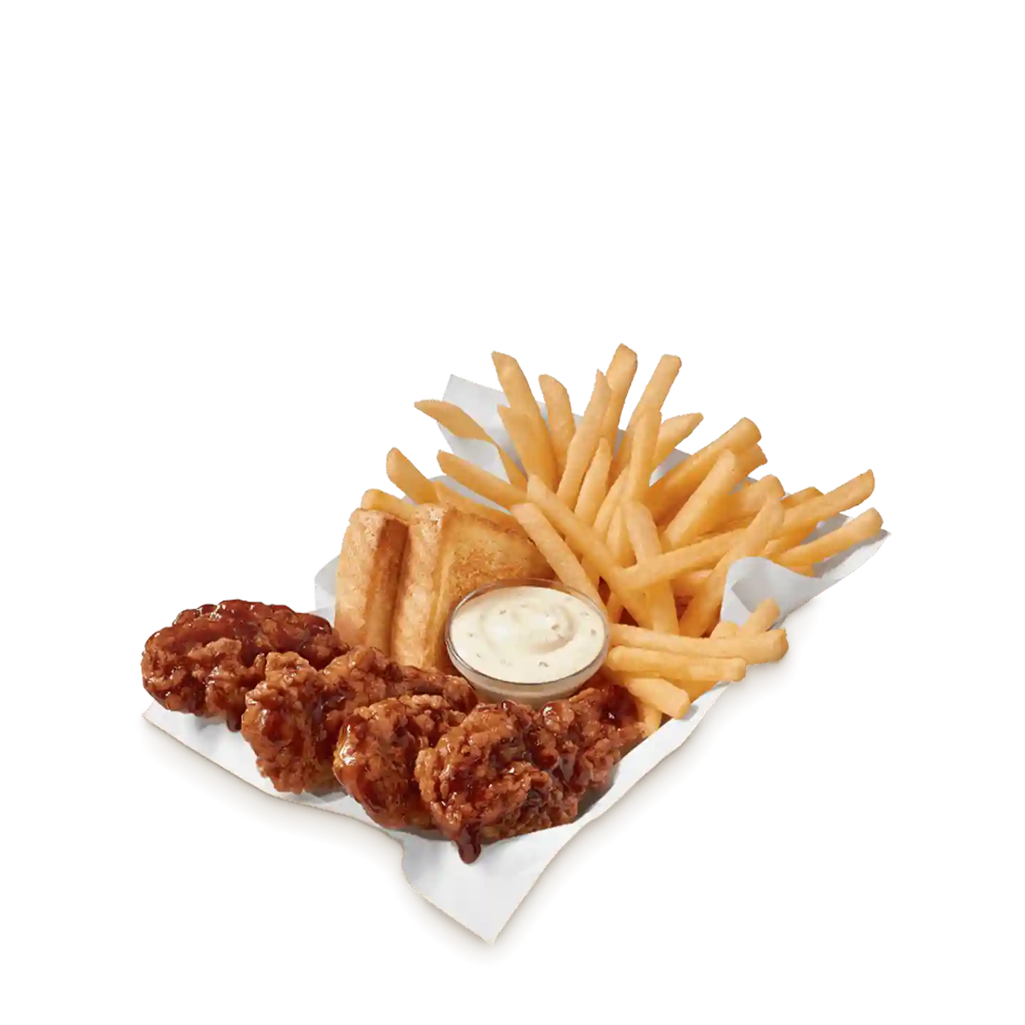 4 piece Honey BBQ chicken strip basket with Texas Toast, fries, and dipping sauce
